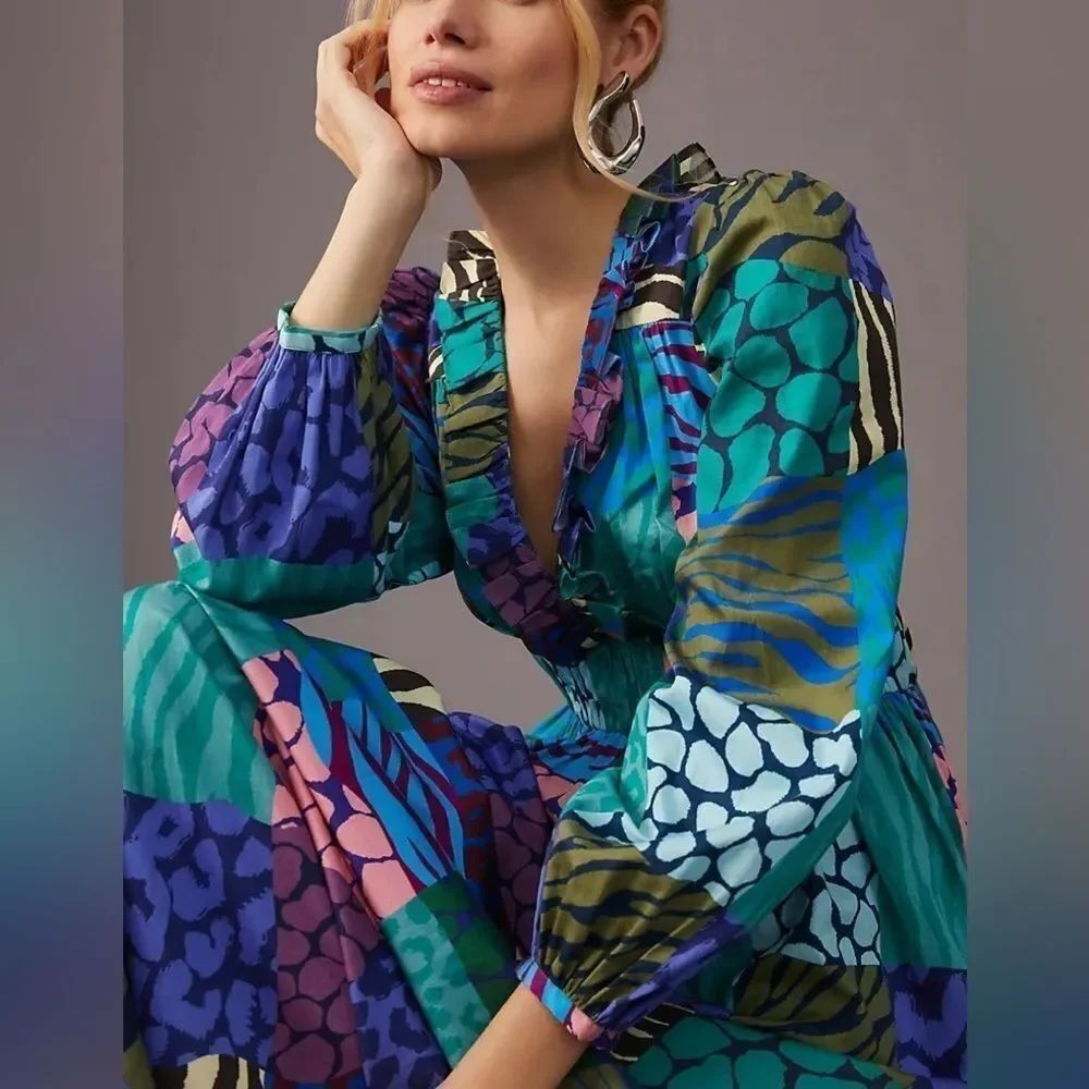 Anthropologie Geisha Designs Long-Sleeve Printed Maxi Dress Size Small - Picture 4 of 8